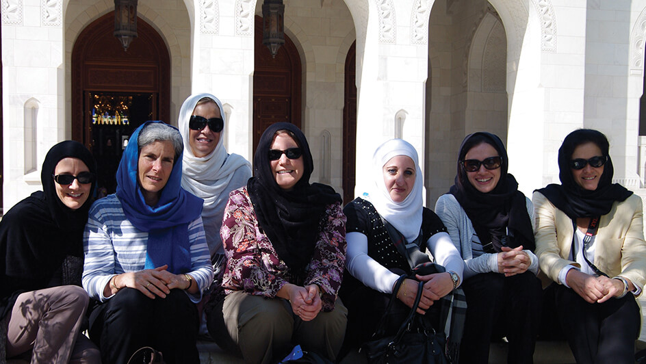 Muscat, Oman. Regional Meeting participants on the steps of the Sultan Qaboos Grand Mosque. Front row, from left: Lauren Marano, Massachusetts; Alix Hopkins, Maine; Stephanie Clement, Maine; Manal A-Foqaha, Jordan; Dawn Leaness, Massachusetts; and Beth Alling, Massachusetts. Back row: Kristin Marano, North Carolina.