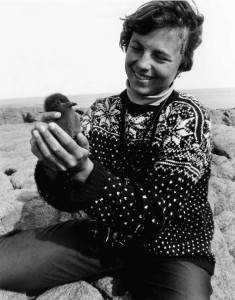 QLF Intern Anne Hallowell Reich holding a Black Guillemot (Cepphus grylle) chick, Marine Bird Conservation Program, St. Mary’s Island, Quebec North Shore.