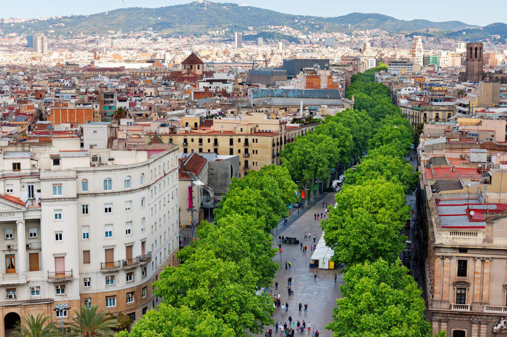 Las Ramblas, Barcelona. Tree-lined, Las Ramblas is the central most boulevard that cuts through the heart of the city centre. Aerial view. Photograph by Pere Sanz
