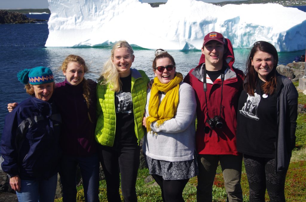 Newfoundland Interns, led by Dr. Kath Blanchard (far left) after a Youth Conservation Leadership Workshop in St. Anthony, Great Northern Peninsula of Newfoundland. Interns from left to right: Mégane Déziel, Aleksandra Cvetkovic, Julie-Christine Martin, Jack Curry, and Megan Lalli. Photograph by: Beth Alling.